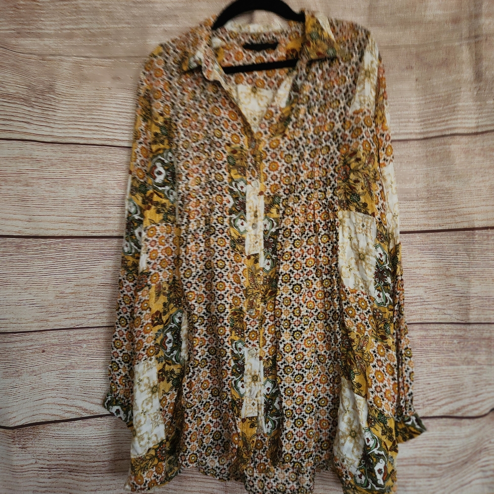 Jane and Delancey Yellow Sunburst Floral Boho Top 70's - XL